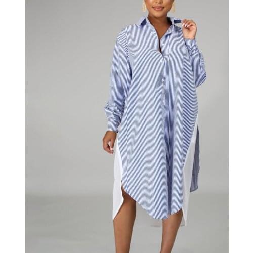 Patchwork Striped Women Shirt Dress Long Sleeve Casual Fashion Plus Size Elegant Lady Office Daily Dresses 2021 Spring Summer