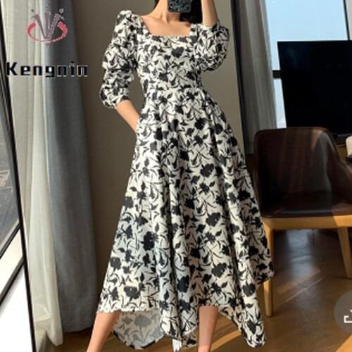 2021 Autumn New Loose Women Dresses Oversized French Style Ladies Vestidos Dresse Print Floral Long Sleeve Female Robe KE1733