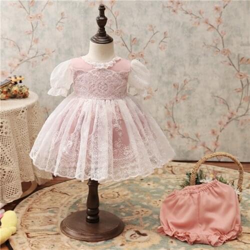 2021 Newborn Baby Girls Dress Lace Floral Cute Lovely Lolita Kids Toddler Embroidered Pageant Gown Short Sleeve Pink Dresses