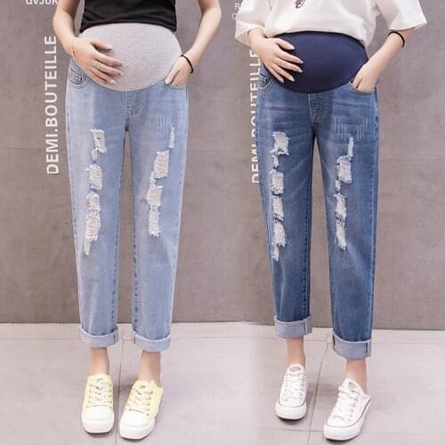 8812# Spring Autumn Denim Maternity Jeans Ripped Hole Elastic Waist Belly Straight Pants for Pregnant Women Loose Pregnancy