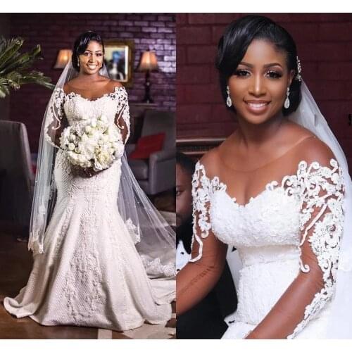 African Mermaid Wedding Dresses 2022 Vestido De Noiva Long Sleeve Lace Wedding Gowns Black Girl Women Bride Dress