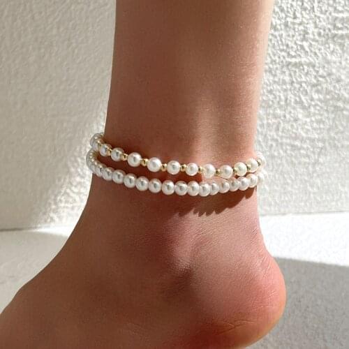Aprilwell 2 Pcs Pearl Anklets Bracelets Sets For Women Sandals Summer 2021 Body Jewelry Lady Trendy Schmuck Gift Egirl