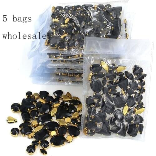 Free shipping Wholesale 5 bags mixed shape sew on glass Black gold base rhinestones diy dress/Clothing accessories