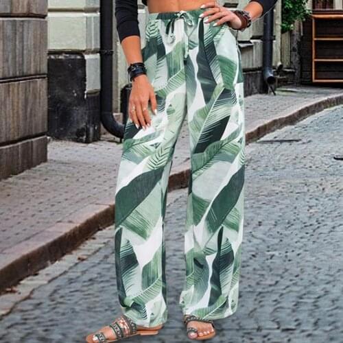 Boho Womens Leaves Print Wide Leg Palazzo Pants Summer Ladies Holiday Beach Casual Loose Trousers Pants