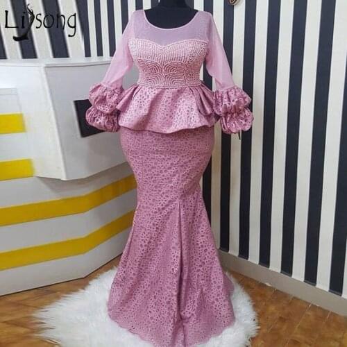 Elegant Aso Ebi Evening Dresses Long Sleeves Lace African Women Prom Dress Mermaid Arabic Formal Gown Event Party Wear Plus Size