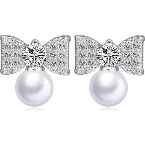 Hot Sell New Design Bowknot Pearl Shiny Zircon 925 Sterling Silver Stud Earrings for Women Girls Jewelry Wholesale Gift