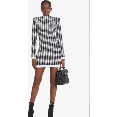 Plaid Bodycon Women Dress Long Sleeve O-Neck Mini Jacquard Elegant Evening Night festival outfit Celebrity Runway Party Dresses