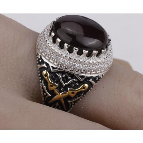 925 Sterling Silver Agate Ring Dark Brown Big Stone with CZ Double Kill Finger Ring for Male Fine Jewelry
