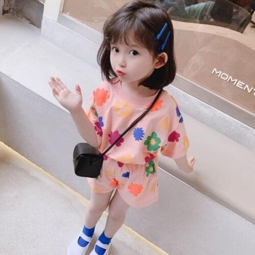 Girls Sets 2021 New Korean Childrens Summer Flower Suit Multicolor Kids Clothes T Shirt Shorts Two piece