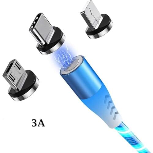 3A Magnetic Cable Flowing Light LED Micro USB Cable for Samsung Type C Charging for Xiaomi for iPhone Magnet Charger Cord