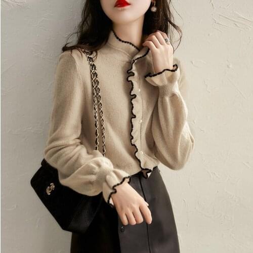 Wooden Ear Edge Fashion Knitted Cardigan Autumn And Winter New Gentle Style, Versatile Long Sleeve Sweater For Women