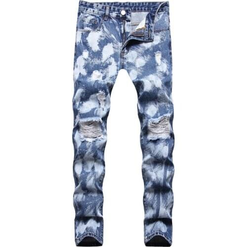 Mens Holes Ripped Denim Jeans Streetwear Casual Mid Waist Straight Pants Blue Trousers