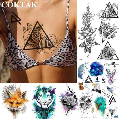 COKTAK 3D Triangle Rose Geometric Temporary Tattoos Sticker Sexy Art Waist Custom Tattoo Lotus Camellia Removable Tatoos Flower