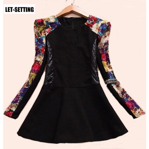 LET-SETTING new fashion Slim round neck ladies patchwork stitching woolen print one-piece shirt women blouse