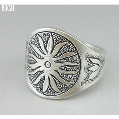 BOCAI New solid s999 silver jewelry woman ring man ring original design handmade sun flower men and women rings