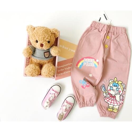 Tonytaobaby Cartoon Rainbow PINK Bear Print Twill Casual Pants for Girls Cartoon Pants