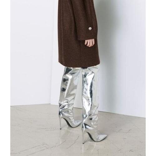 Pre-order Brand Mirror-Effect Leather Thigh-High Boots Pointed Toe Sexy Gladitor Over The Knee Boots For Women Silver Gold