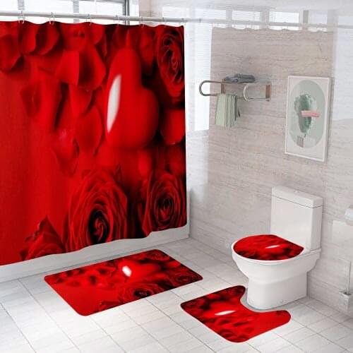 Red Heart Shower Curtains Flower Romantic Bathroom Curtain Bath Sets Toilet Cover Mat Non-Slip Washroom Rug Set Modern 180x180cm