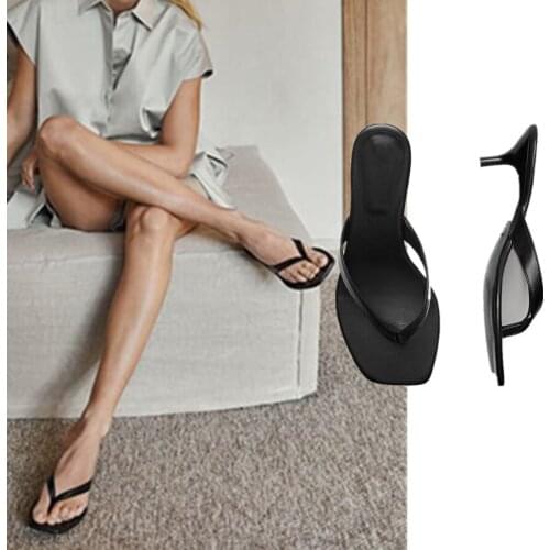 Jenny&Dave Sandals Women Slides Shoes Women England Fashion Blogger Simple Genuine Leather High Heel Flip Flops Slippers Women