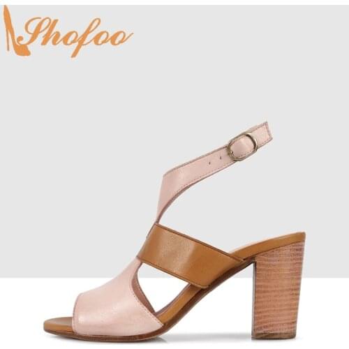 Pink Brown Patchwork High Chunky Heels Women Sandals Open Toe Buckle Strap Large Size 13 15 Ladies Summer Fashion Shoes Shofoo