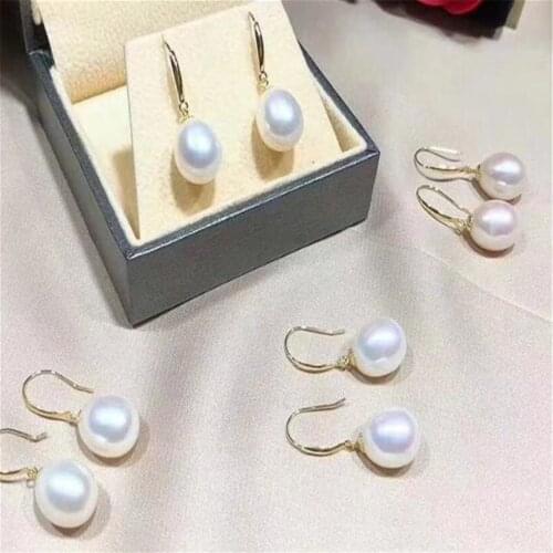 11-12mm White Baroque Pearl Earrings 18K Ear Drop Dangle Real Gift Women Party Wedding Classic Flawless Hoop AAA