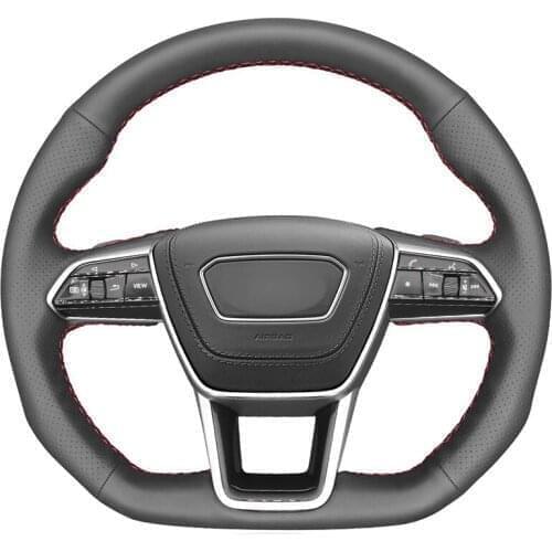 Hand-stitched Black Artificial Leather Car Steering Wheel Cover for Audi A6 (C8) Avant Allroad 2018-2019 A7 (K8) 2018-2019 S6 S7