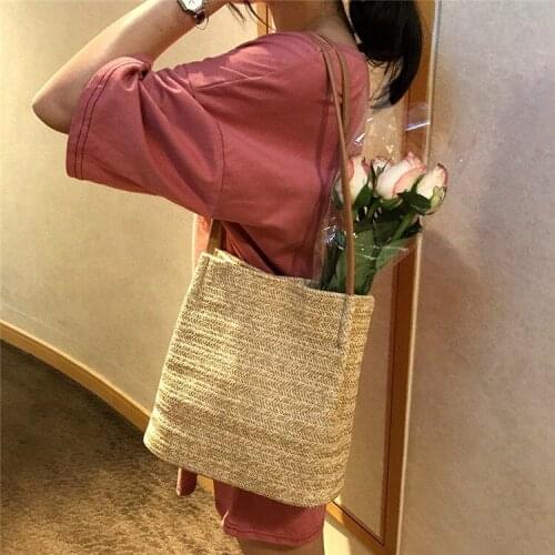 Women Summer Beach Rattan Totes Ladies Fashion Handmade Knitted Straw Bucket Bag Large Capacity Shoulder Bags Shopping Handbag