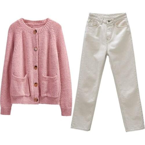 Women Casual Two Piece Set Korean Cardigan Sweater and Long Beige Straight Pants Suit 2021 Autumn Winter Knitted 2 Piece Set