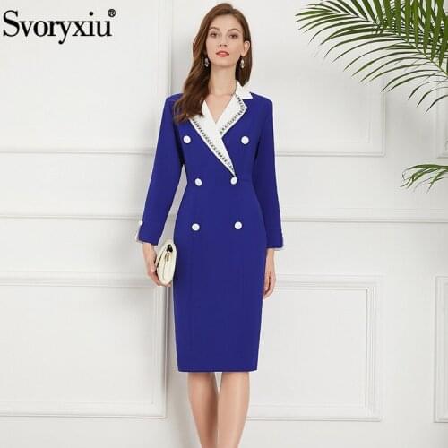 Svoryxiu Autumn Fashion Woman Navy Blue Black Office Lady Pencil Half Dress Crystal Lapel Button Solid High Waist Slim Dresses