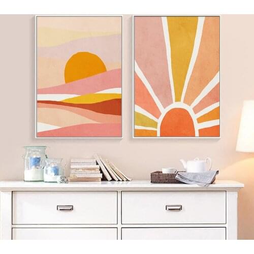 White Wall Decor Art Prints Abstract Landscape Poster Sunset Art Pictures Horizon Sun Canvas Paintings For Bedroom Home Decor