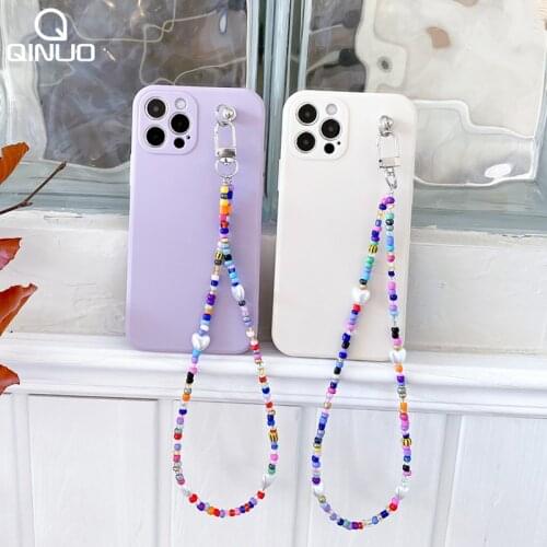 Colorful Beads Pearl Strap Cord Chain Phone Case For iPhone 12 11 Pro MAX 7 8 Plus X XR XS Max Bracelet Candy Color Soft Cover