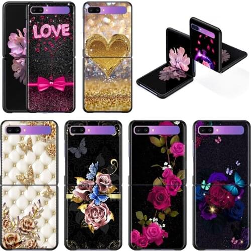 Phone Case For Samsung Galaxy Z Flip 5G Cover Hard Shell Black Fundas PC para Gold Rose Butterfly