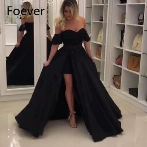 2019 Black Off The Shoulder Evening Dresses Long Lace Short Sleeve Sweetheart Prom Dresses Prom Party Dress A-Line Evening Dress