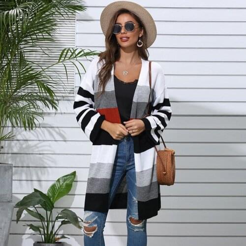 Striped Patchwork Long Cardigan Womens Autumn Winter Knitted Cardigan Woman Sweaters 2020