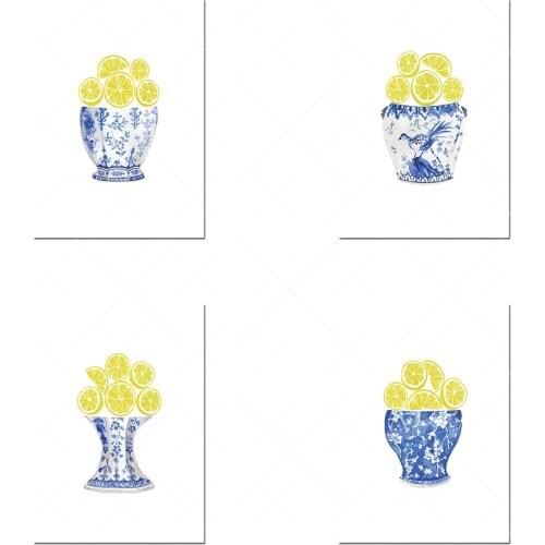 Chinese lemon slice vase printing art set 4-piece set, blue and white vase prints Chinese style art Asian kitchen poster