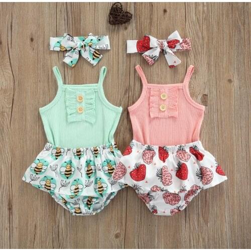 3 Pcs Newborn Girls Summer Outfits Baby Girls Solid Color Sleeveless Square Collar Romper Printed Ruffle Shorts Headband Set