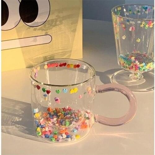 Korean Double Layer Love Quicksand Glass Cup Cute Girl Heart Creative Water Cup Transparent Juice Goblet