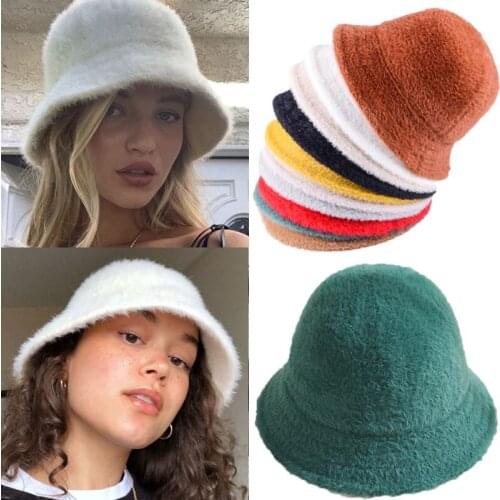 Fashion Winter Hat for Women Fur Bucket Warm Caps Dome Panama Black White Vintage Fisherman bucket Hats
