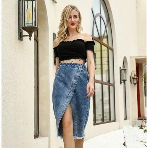 New Europe America All-Match High Street Split Overlapping Jeans Female Skirt 2021 Women Summer Irregular Tassel Denim Skirts