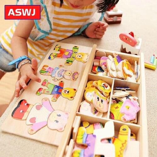 New Little Bear Change Clothes Childrens Early Education Wooden Jigsaw Puzzle Dressing Game Baby Puzzle Toys For Children Gift