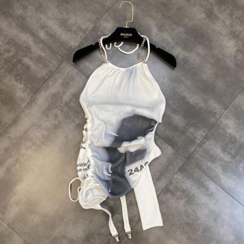 FABPOP 2021 New Design Fashion Sleeveless Lace Up Chain Halter Tie Dye Side Drawstring Tank Top Women Streetwear GC064