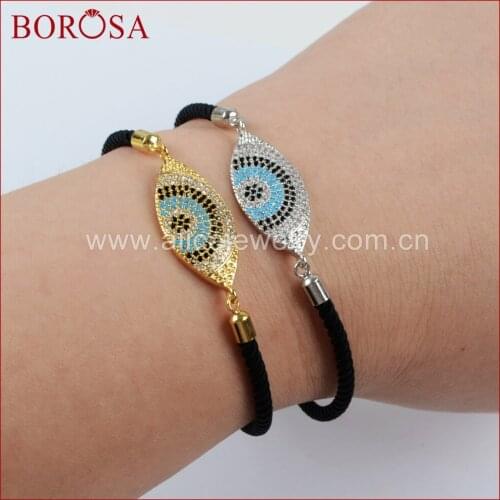 BOROSA Copper Micro Pave CZ Stone Cubic Zircon Turkey Evil Eye Boho Drusy Connector Rope Adjustable Bracelets New Arrival WX593