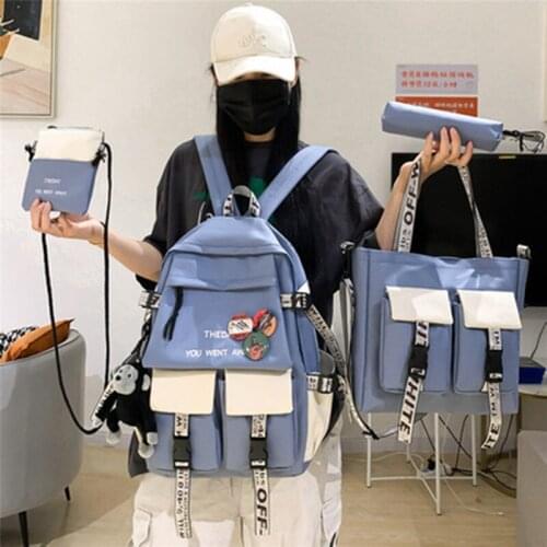 4pcs set Korean version backpack for junior and high school students New canvas large-capacity contrast color student backpack