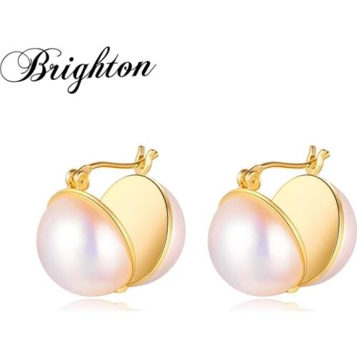 Brighton 2021 Vintage Double Round Shell Pearl Stud Earrings Gold Color Metal Brincos For Women Unique Fashion Jewelry Gift