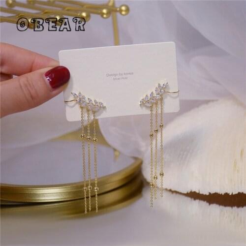OBEAR 14k Real Gold Plating Zircon Leaf Tassel Stud Earrings Women Friendship Banquet Gift Jewelry