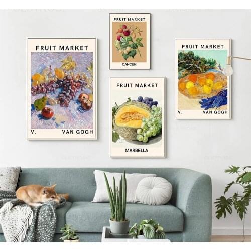 Van Gogh Fruit Market Poster Marbella Canvas Painting Abstract Grape Cantaloupe Wall Art Print Pictures for Living Room Decor