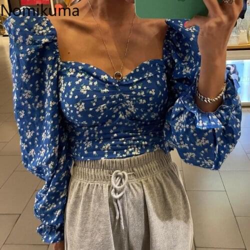 Nomikuma Vintage Floral Printed Shirts Women Square Collar Slim Fit Back Zip-up New Chic Tops Camisas Korean Shirts Blusas Mujer