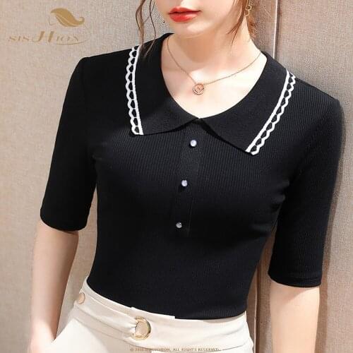 SISHION Modal Mid-sleeve Black T-shirt Women Fall 2021 New Doll Collar Half Sleeve French Blouse Tops VD2317