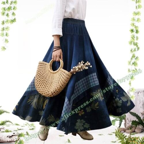 2021 Retro Vintage Hole Floral Womens Big Hem Swing Denim Jeans a-Line Print Female Long Maxi Bohemia Elegant Skirts