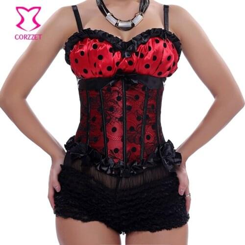 Red and Black Polka Dot With Lace Bustier Corset Burlesque Costume Cosplay Ladybug Push Up Lace Up Corsets Women Gothic Clothing